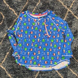 Muk Luks Festive Blue Long Sleeve pajama top with matching sleeping eye mask